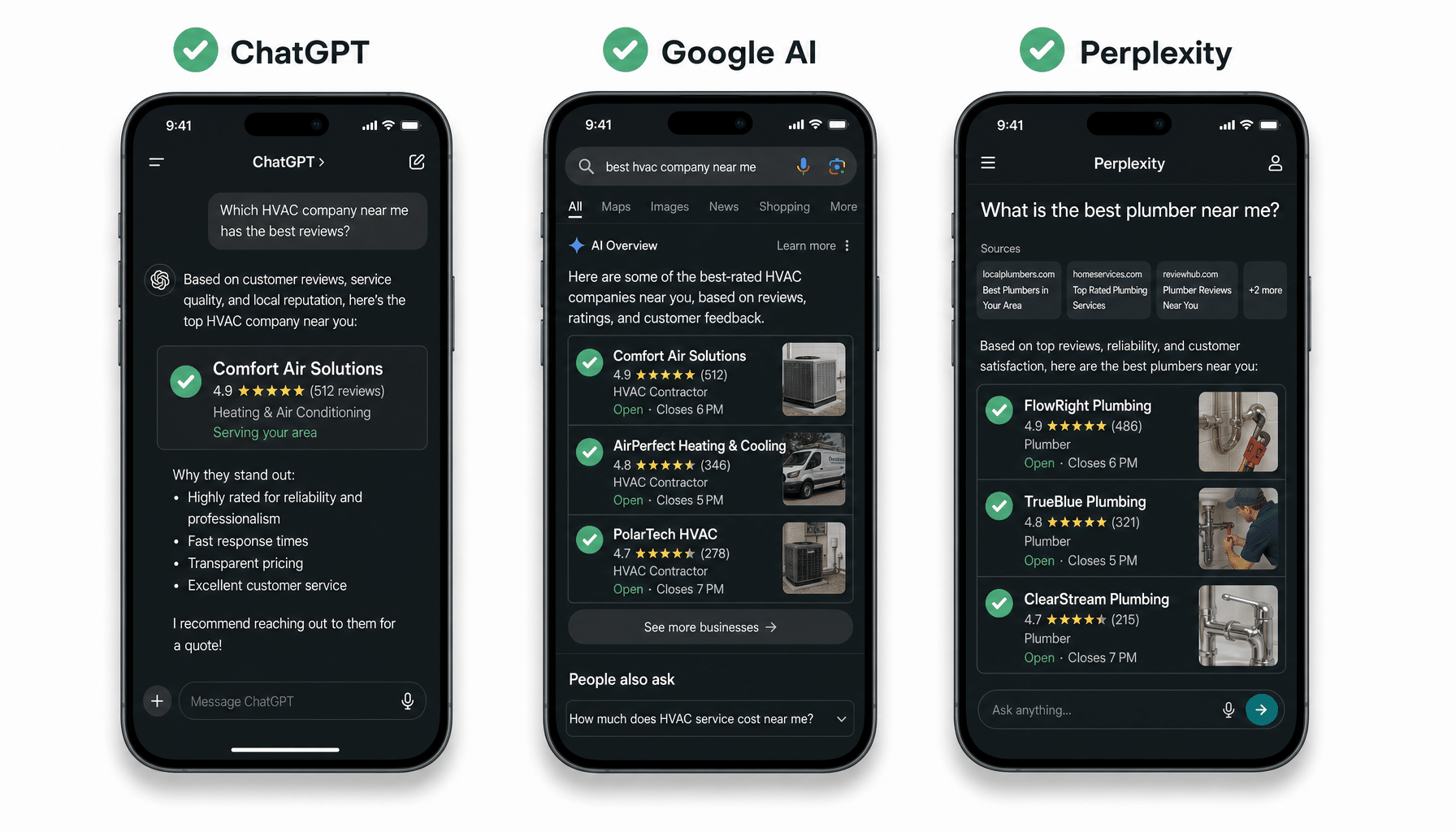 ChatGPT, Google AI, and Perplexity showing contractor recommendations