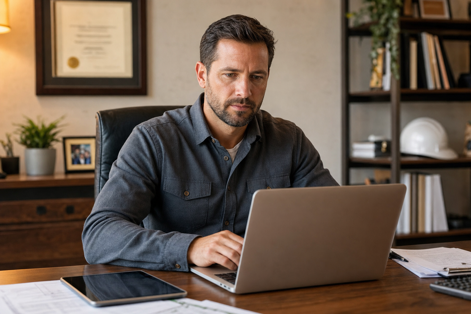 Contractor business owner reviewing online presence and reviews on a laptop at their office desk