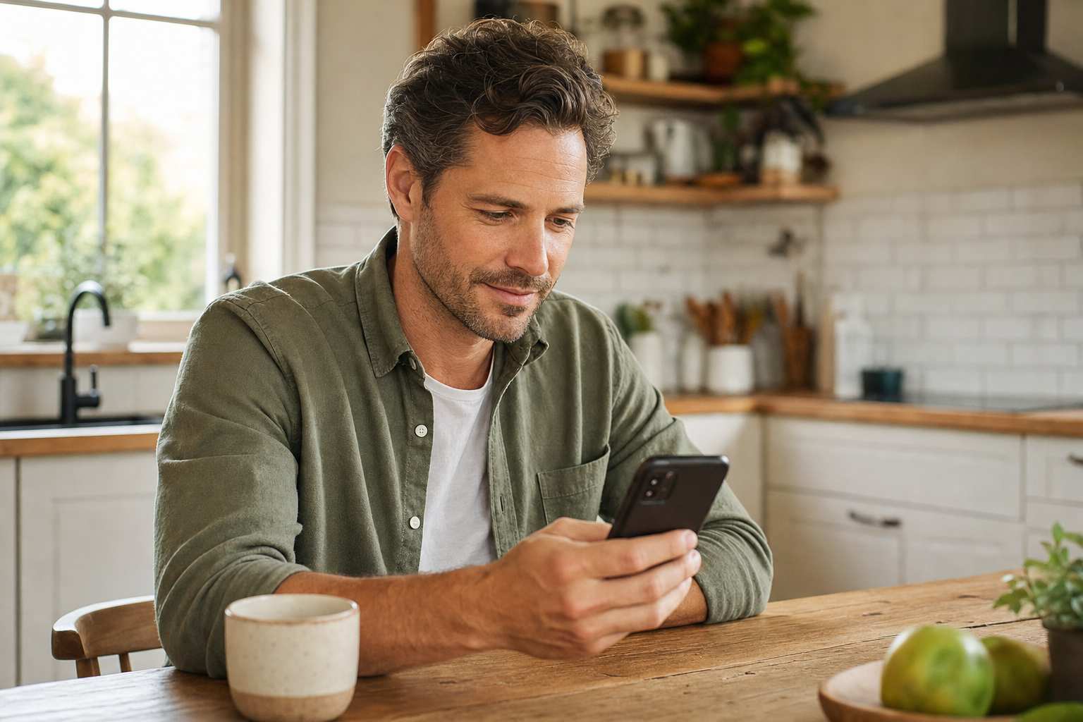Homeowner holding smartphone searching for a local contractor using AI assistant