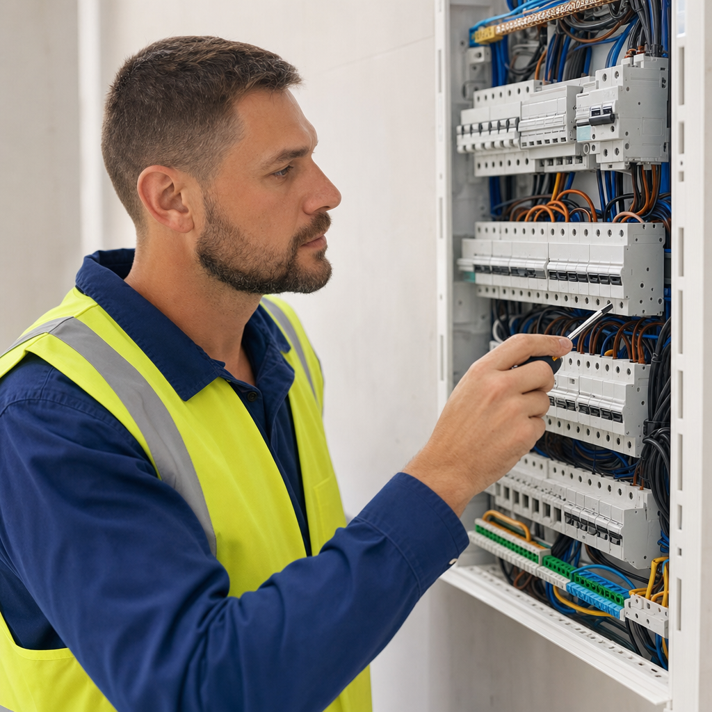 Licensed electrician in safety vest working on a residential electrical panel - home service trades GEO