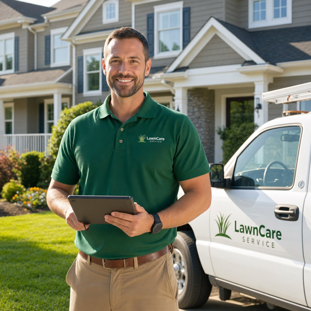 Home service contractor in front of a suburban house