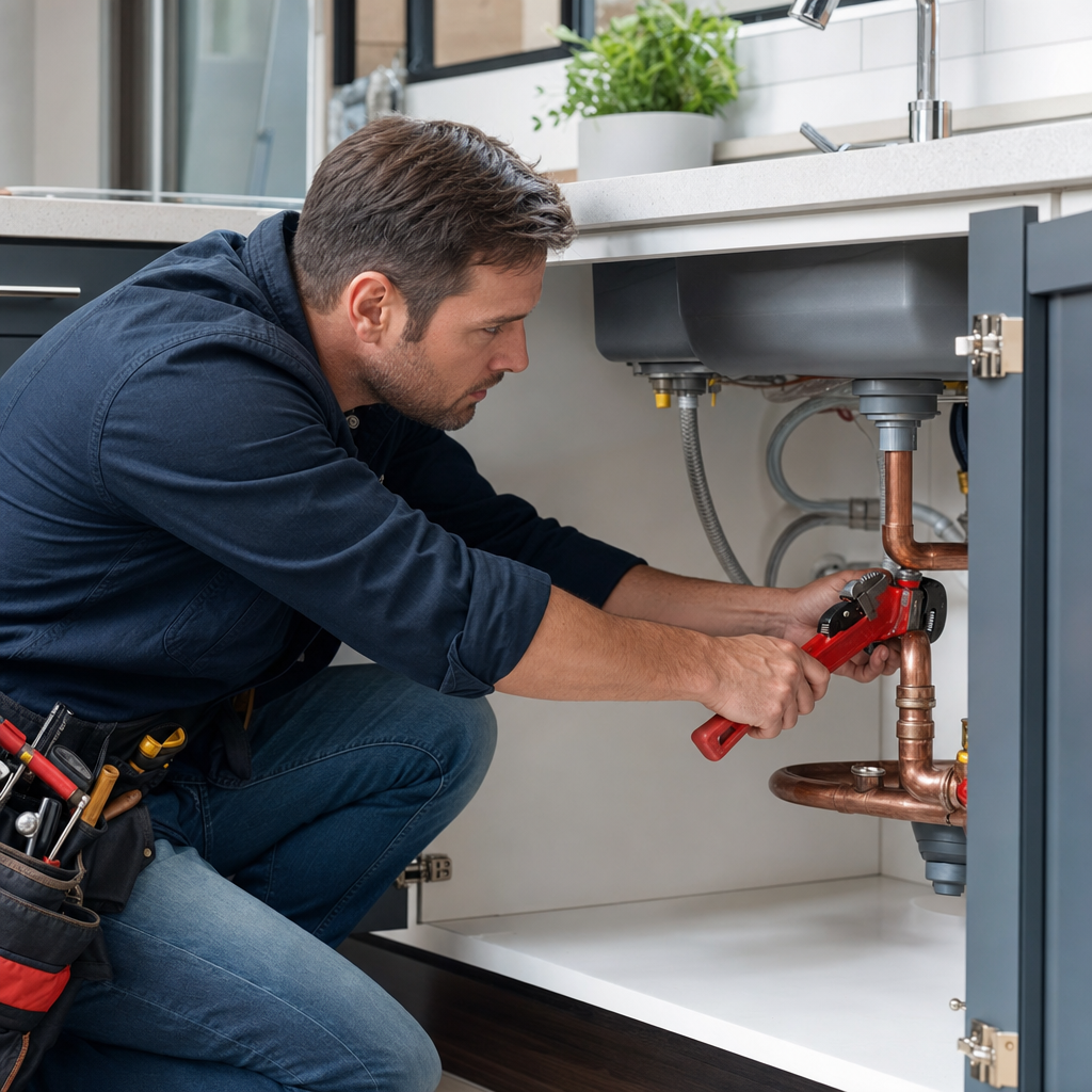 Plumber repairing pipes under a kitchen sink