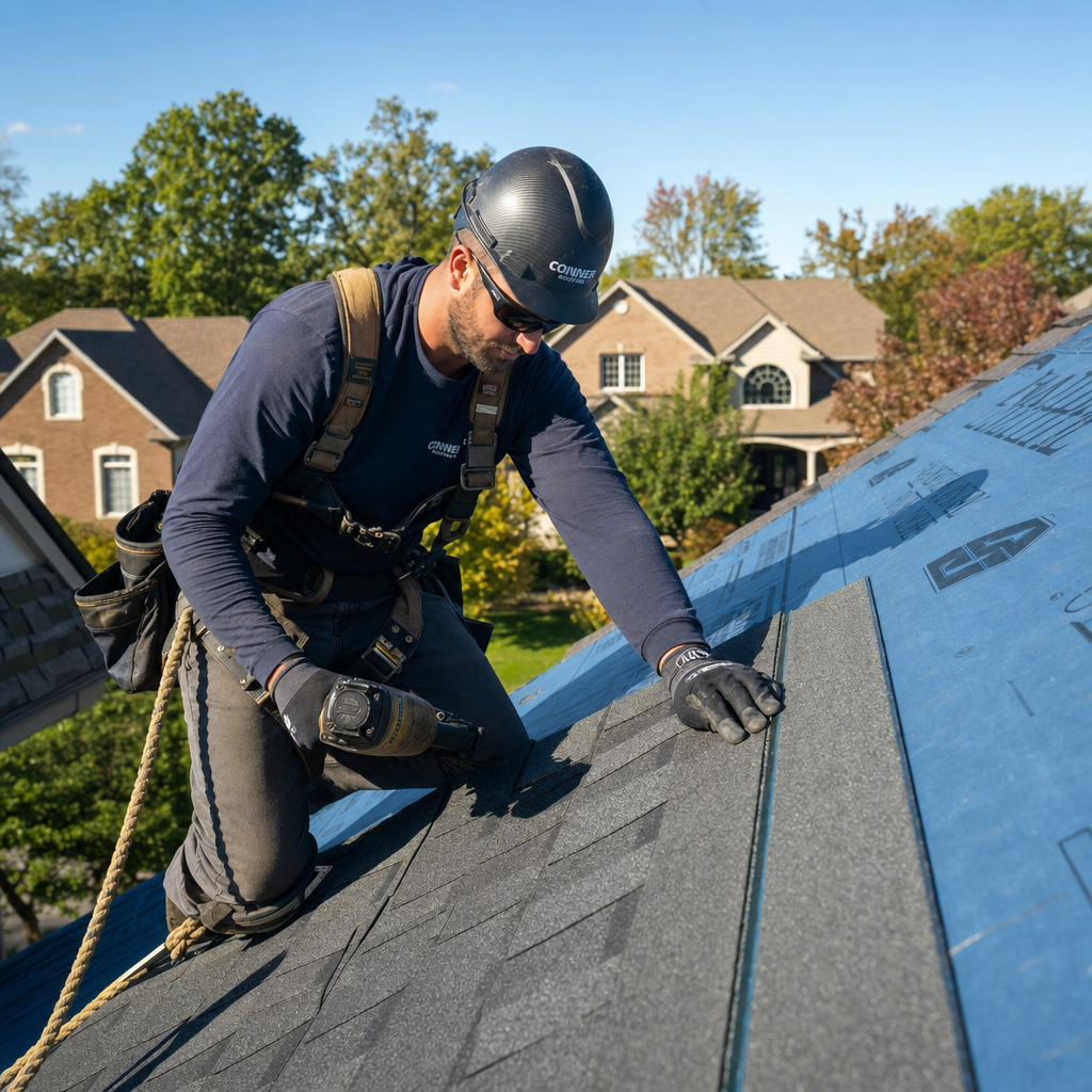 Roofing contractor installing shingles on a residential roof