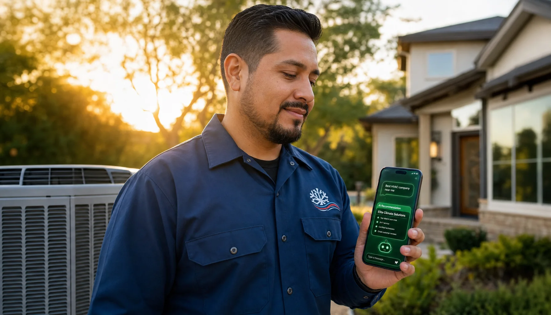 HVAC contractor using AI on phone at job site